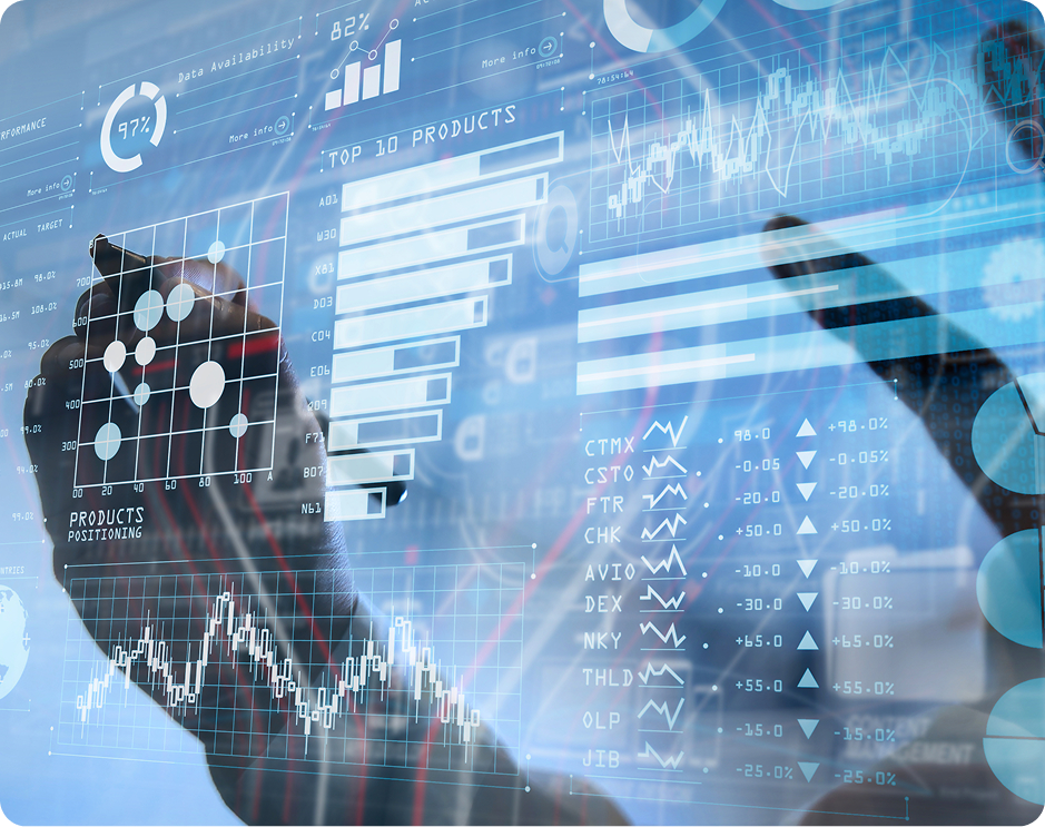 Analyst reviewing analytics on a digital board