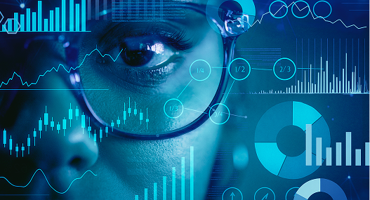 Analyst viewing financial data with digital overlays