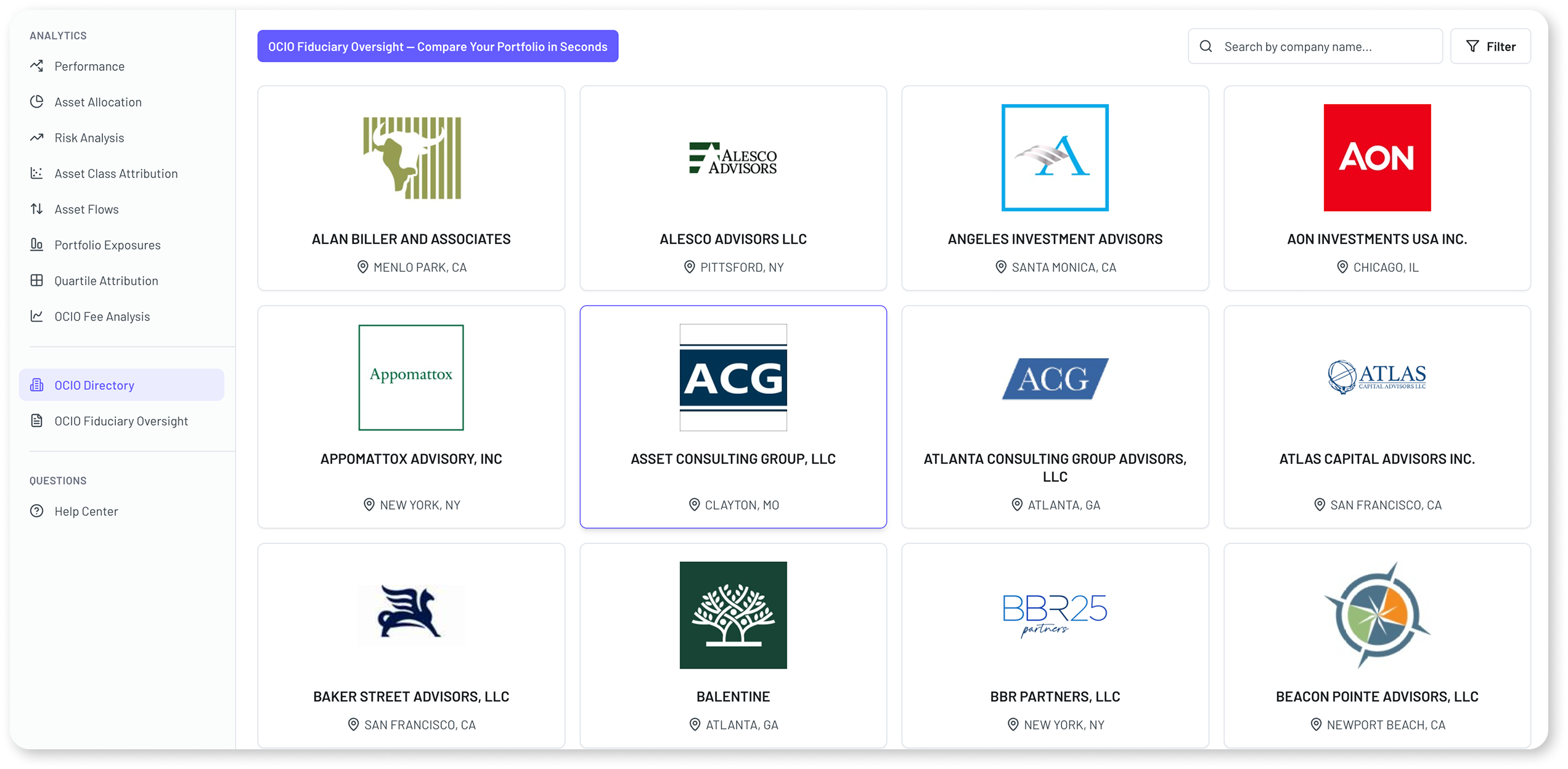 OCIO directory listing view with firm profiles
